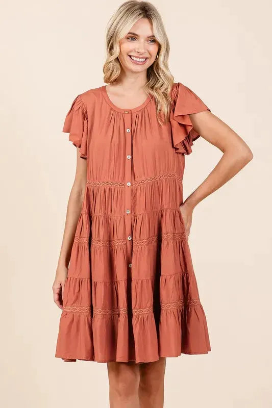 Mittoshop Lace Detail Ruffled Button Down Tiered Dress by Mittoshop