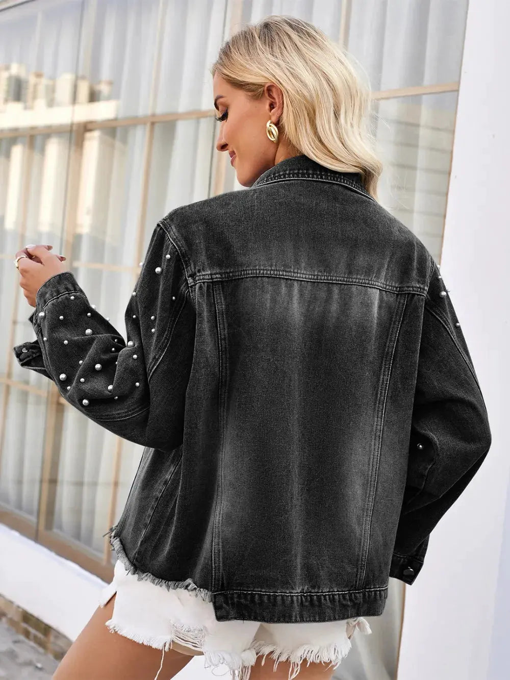 Pearl Trim Raw Hem Denim Jacket by Partner Label