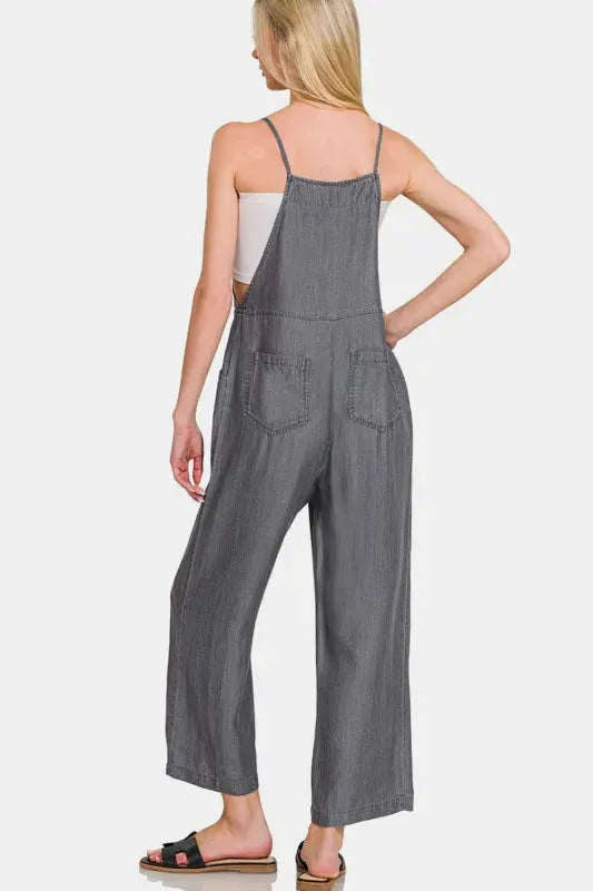 Zenana Washed Adjustable Strap Wide Leg Denim Overalls by Zenana