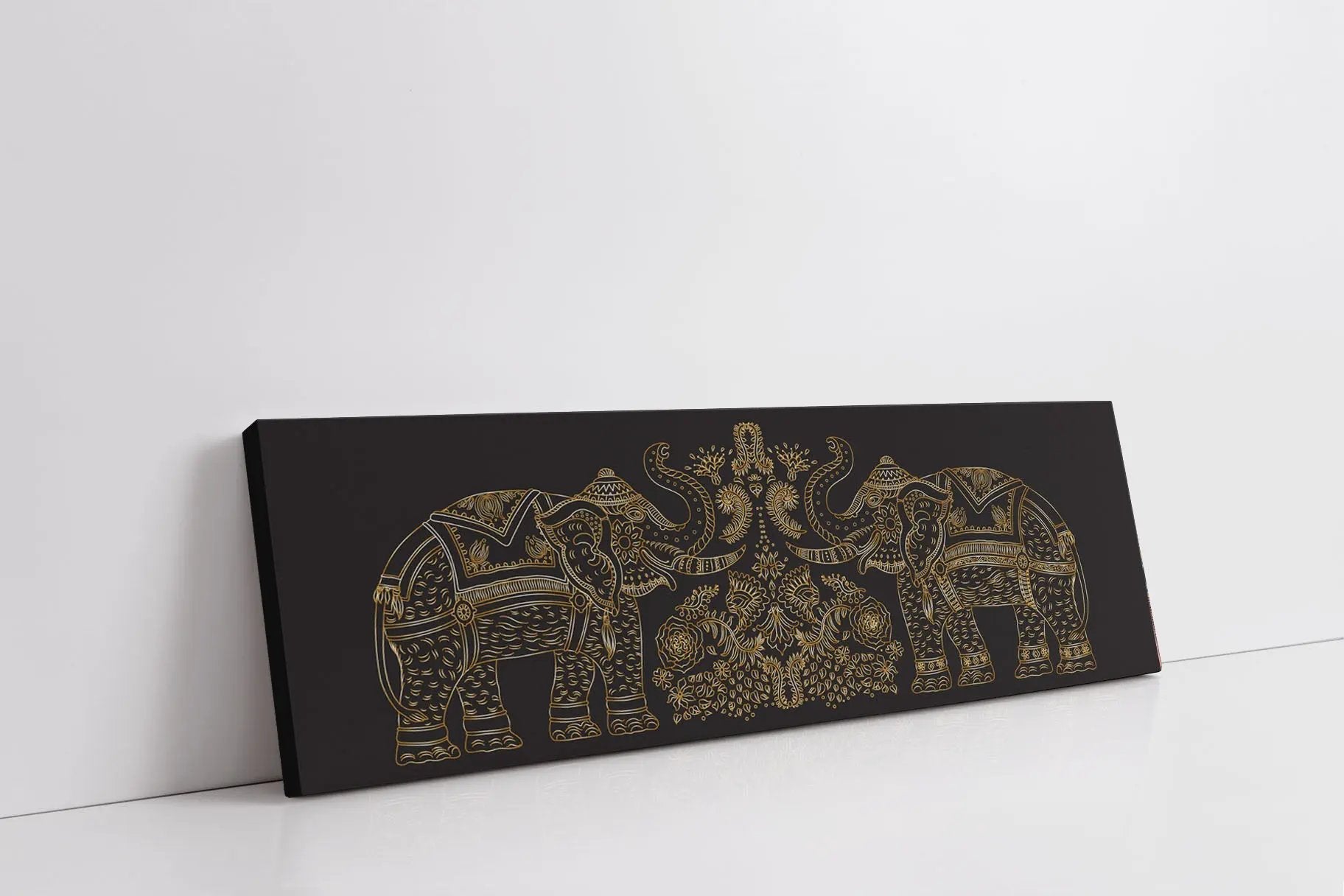 Lucky Trunk Up Elephants- Wildlife Canvas-Gold varnish by Gtaart.ca