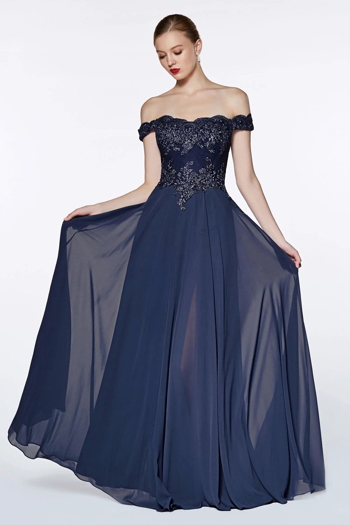 Off The Shoulder Lace Bodice Gown With Flowy Chiffon Bottom And Leg Slit In Lining. by Tux-USA