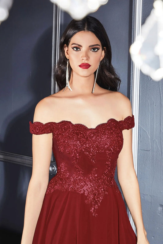 Off The Shoulder Lace Bodice Gown With Flowy Chiffon Bottom And Leg Slit In Lining. by Tux-USA