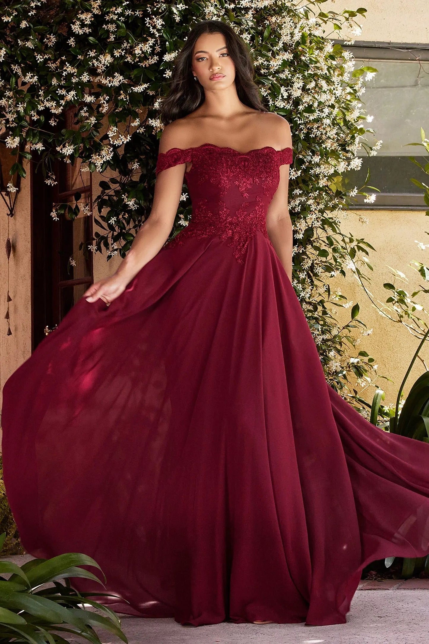Off The Shoulder Lace Bodice Gown With Flowy Chiffon Bottom And Leg Slit In Lining. by Tux-USA