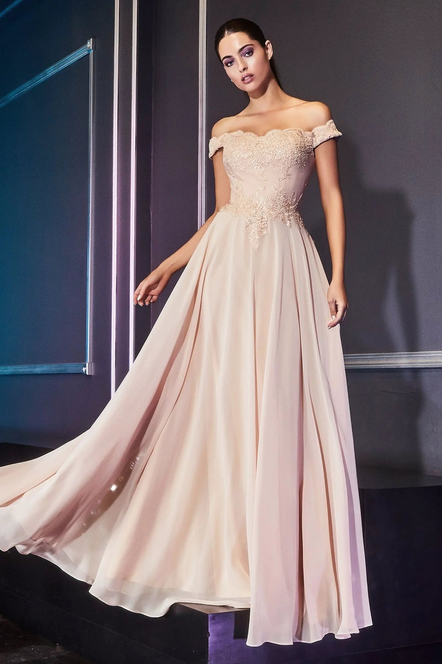 Off The Shoulder Lace Bodice Gown With Flowy Chiffon Bottom And Leg Slit In Lining. by Tux-USA
