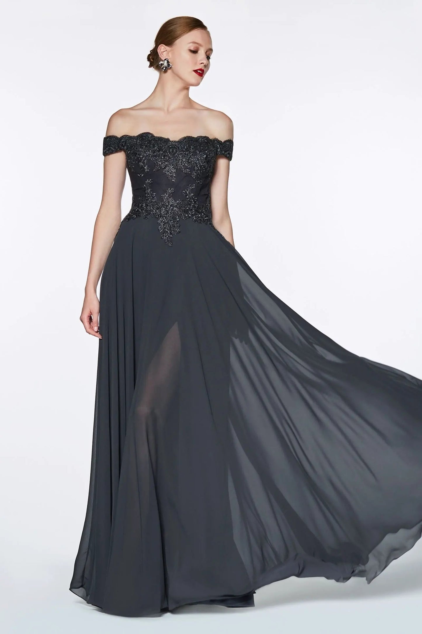 Off The Shoulder Lace Bodice Gown With Flowy Chiffon Bottom And Leg Slit In Lining. by Tux-USA