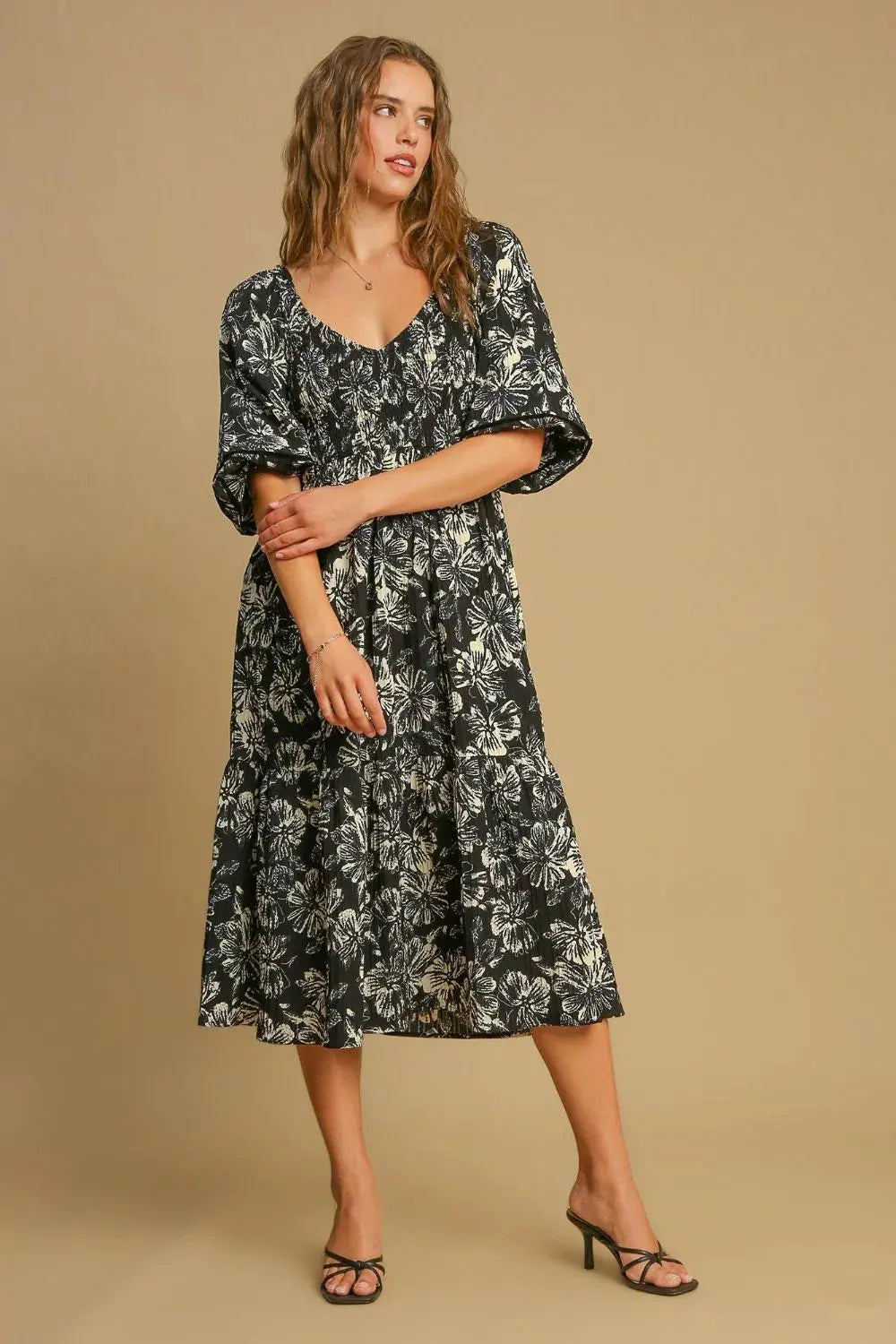Umgee Ruffle Hem Flower Printed V-Neck Dress by Umgee