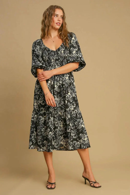 Umgee Ruffle Hem Flower Printed V-Neck Dress by Umgee