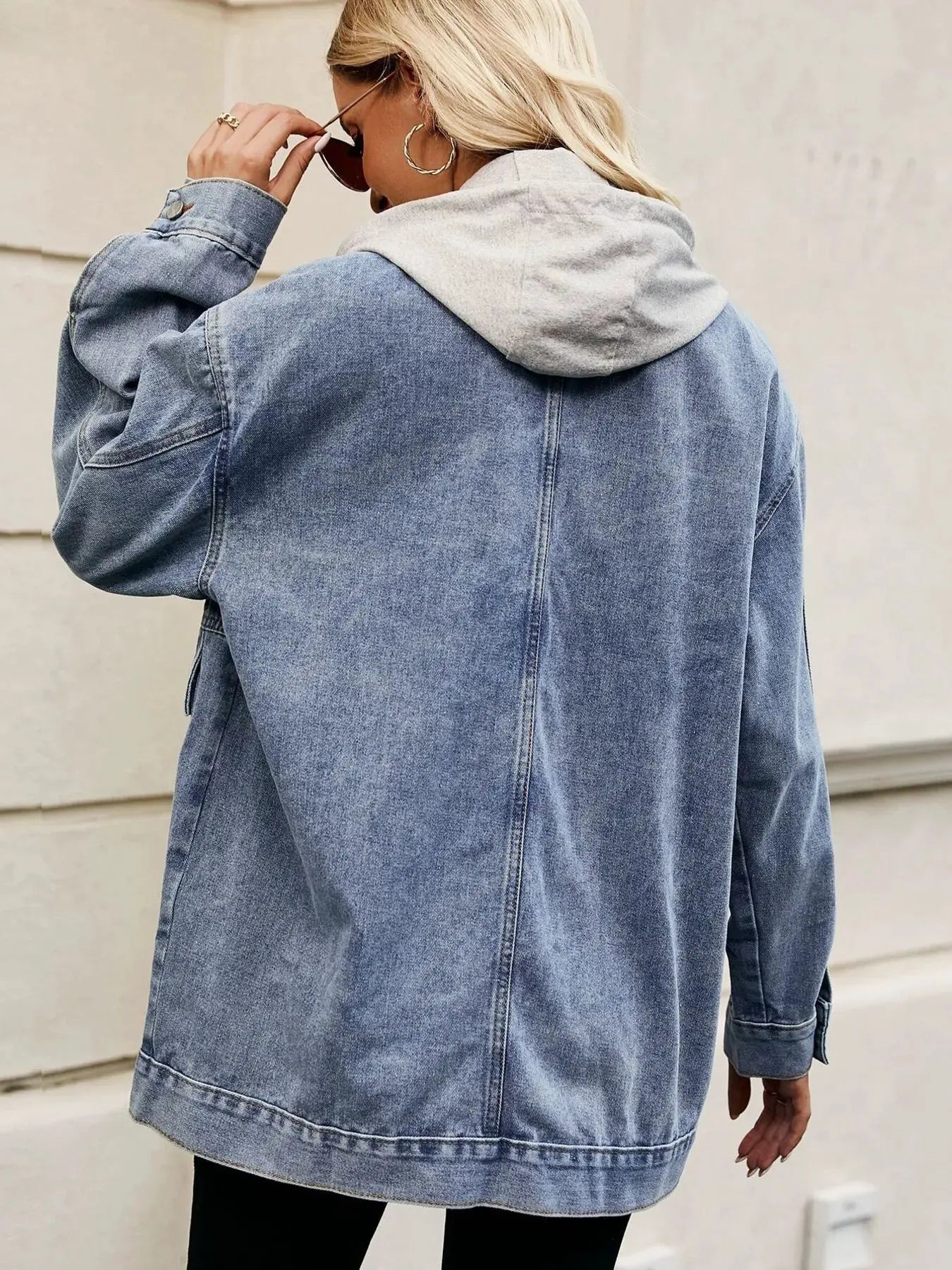 Oversized Button Up Denim Jacket with Hood by Partner Label