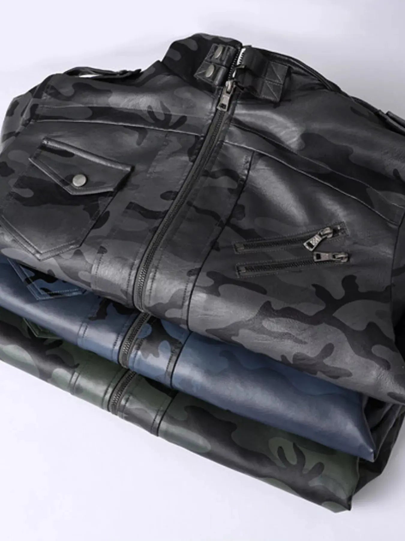 Men's Full Size Zip Up Camouflage Faux Leather Jacket Plus Size by Partner Label