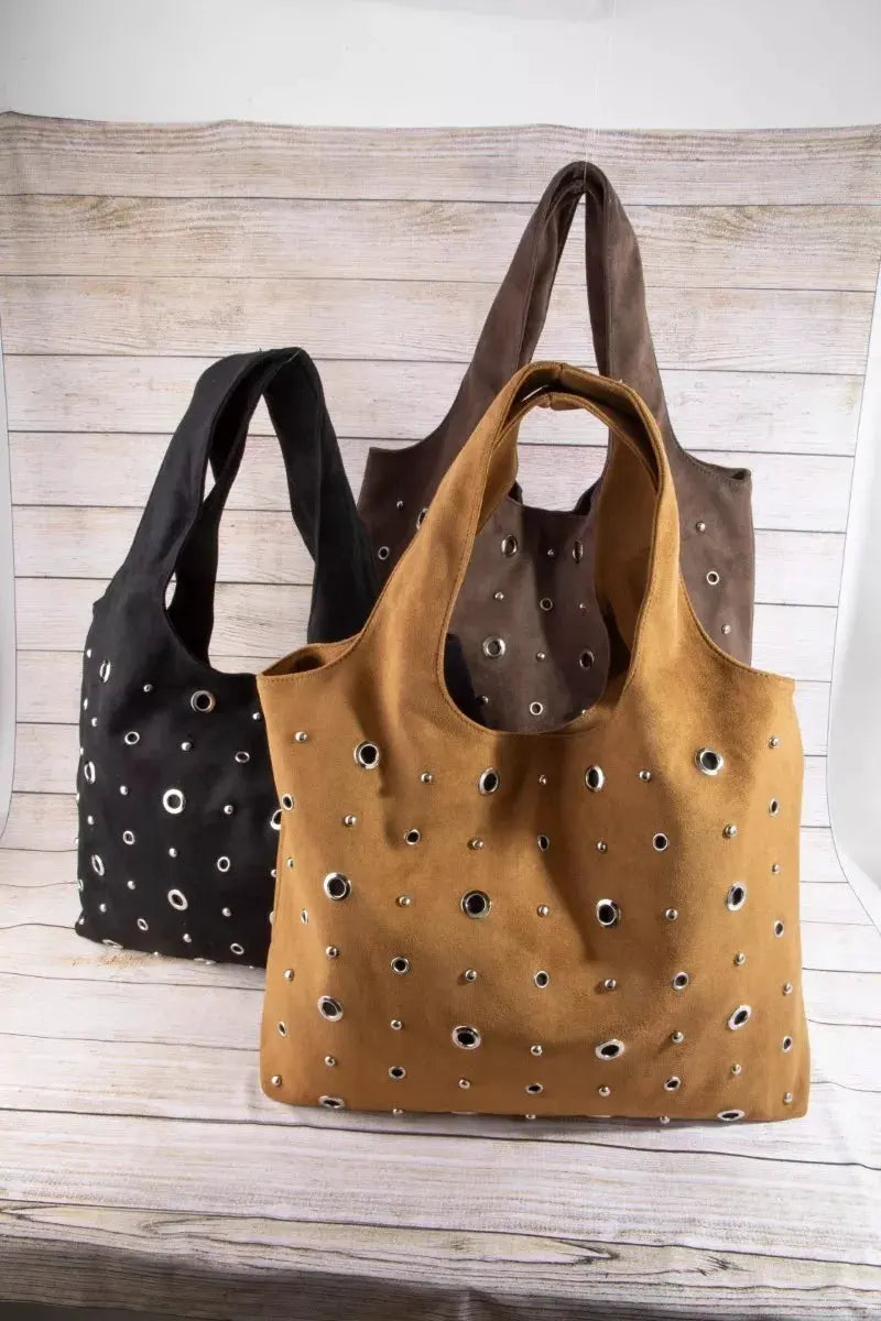 Fame Large Grommeted Suede Shoulder Bag by Partner Label