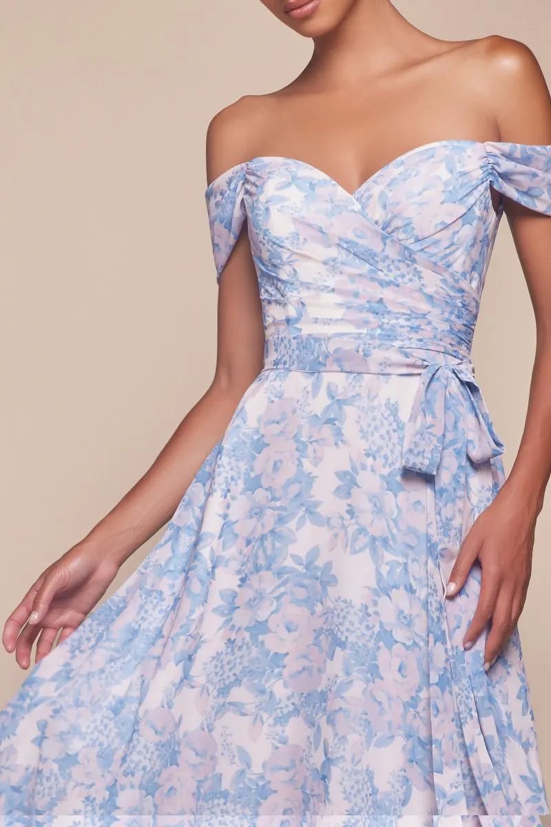Off The Shoulder Floral Printed A-Line Dress by Tux-USA