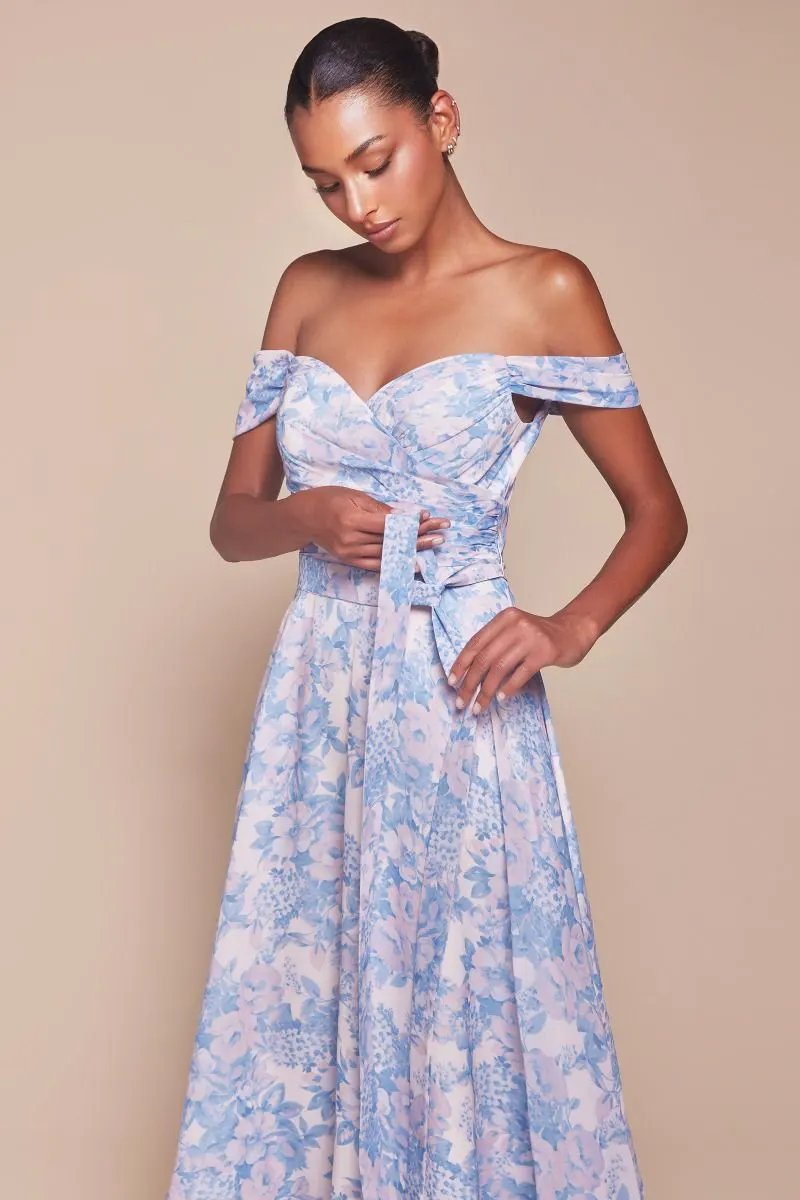 Off The Shoulder Floral Printed A-Line Dress by Tux-USA