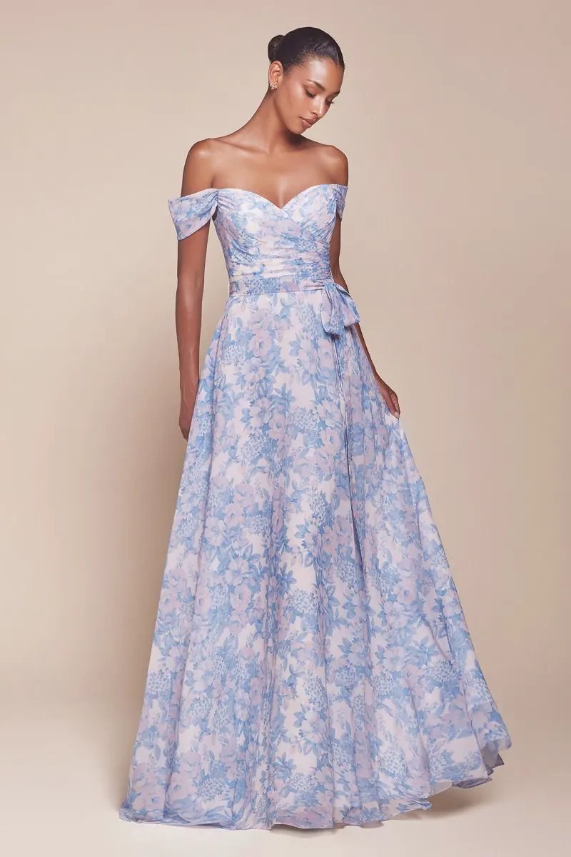 Off The Shoulder Floral Printed A-Line Dress by Tux-USA