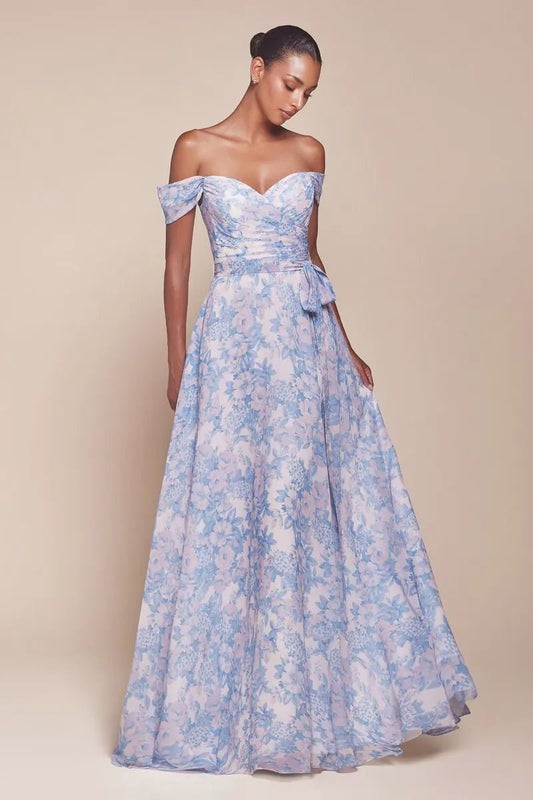 Off The Shoulder Floral Printed A-Line Dress by Tux-USA