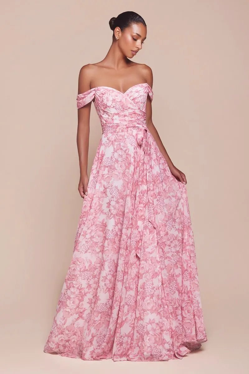 Off The Shoulder Floral Printed A-Line Dress by Tux-USA