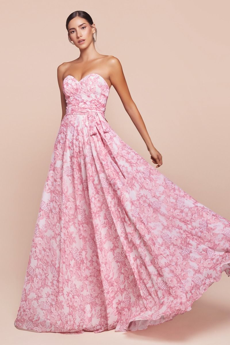 Strapless A-Line Floral Satin Dress-2