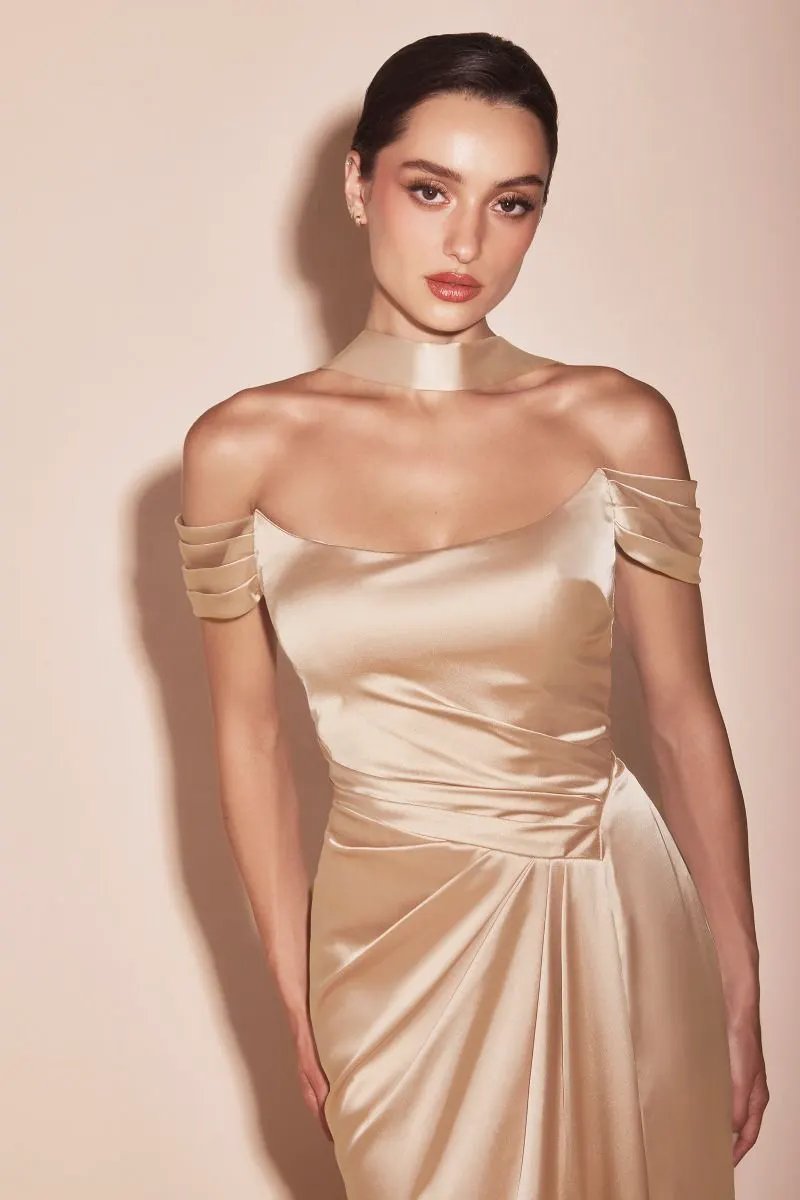 Off The Shoulder Lace Up Corset Satin Gown by Tux-USA