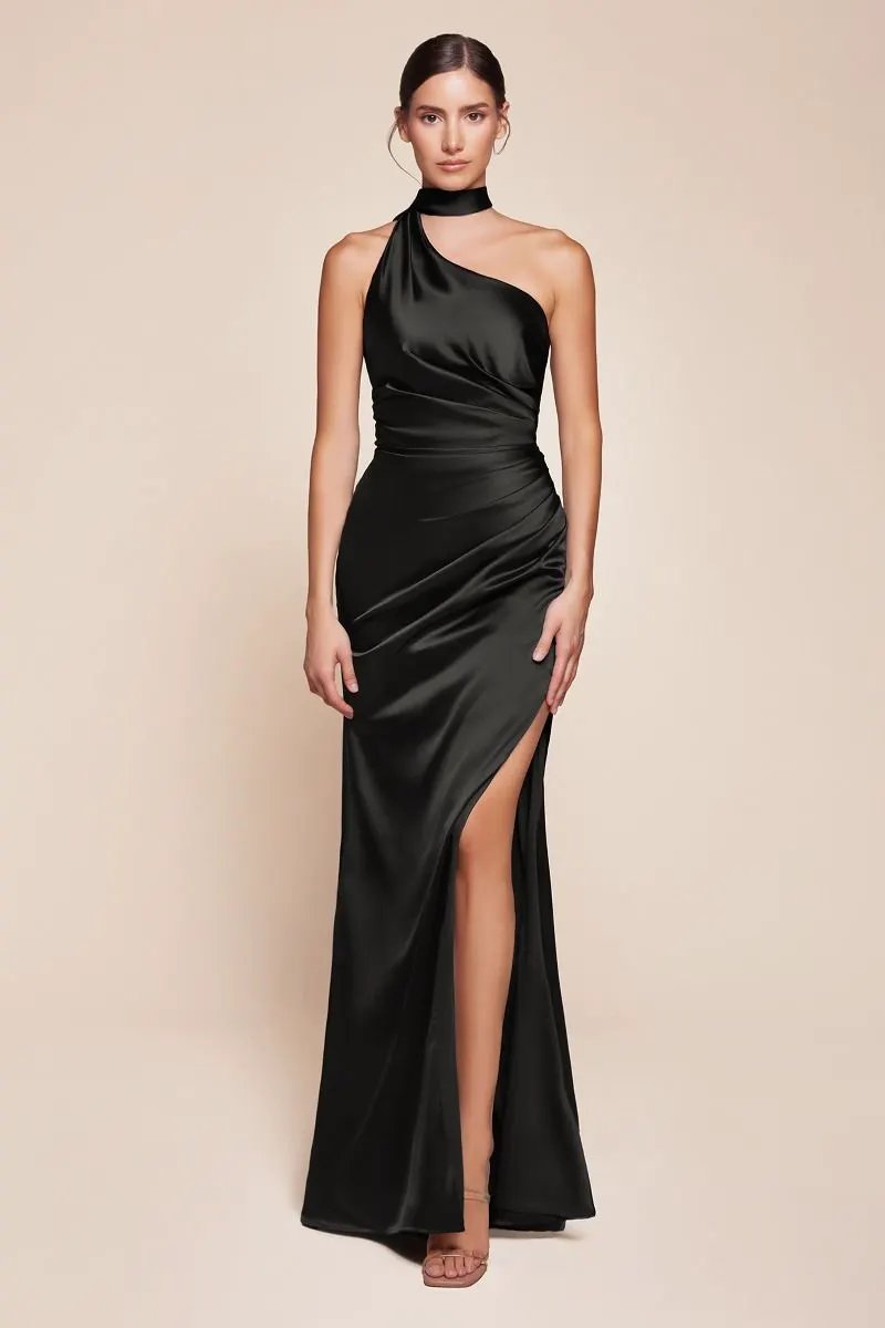 One Shoulder Luxe Satin Fitted Gown by Tux-USA