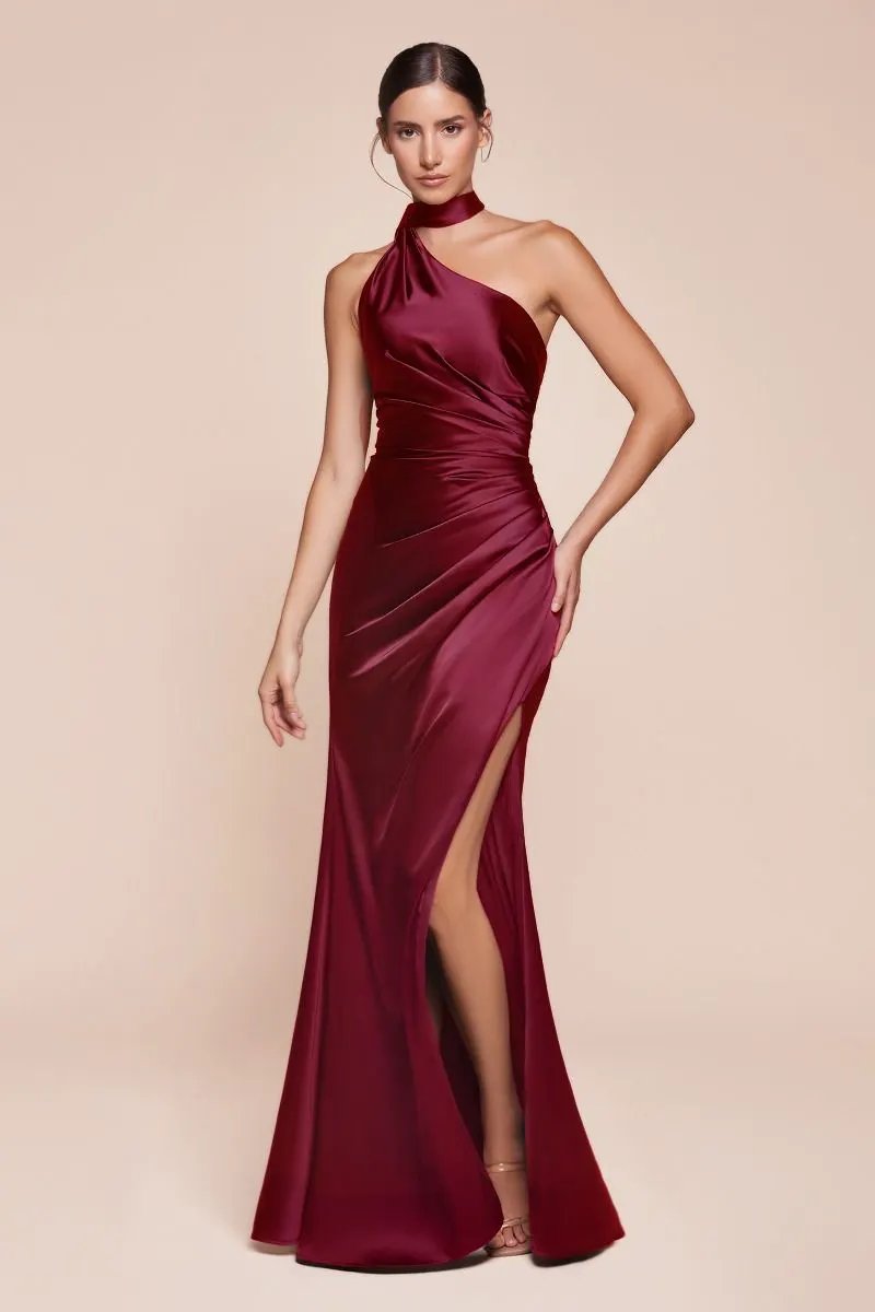 One Shoulder Luxe Satin Fitted Gown by Tux-USA