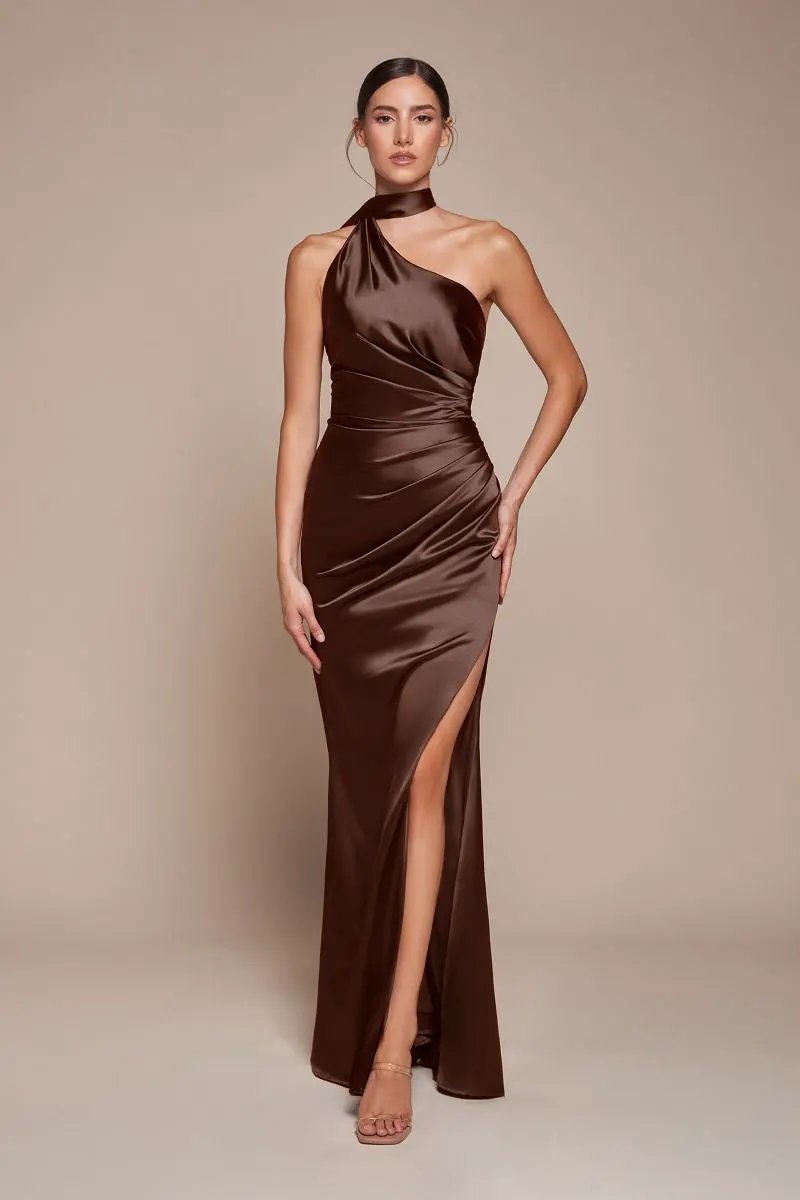 One Shoulder Luxe Satin Fitted Gown by Tux-USA