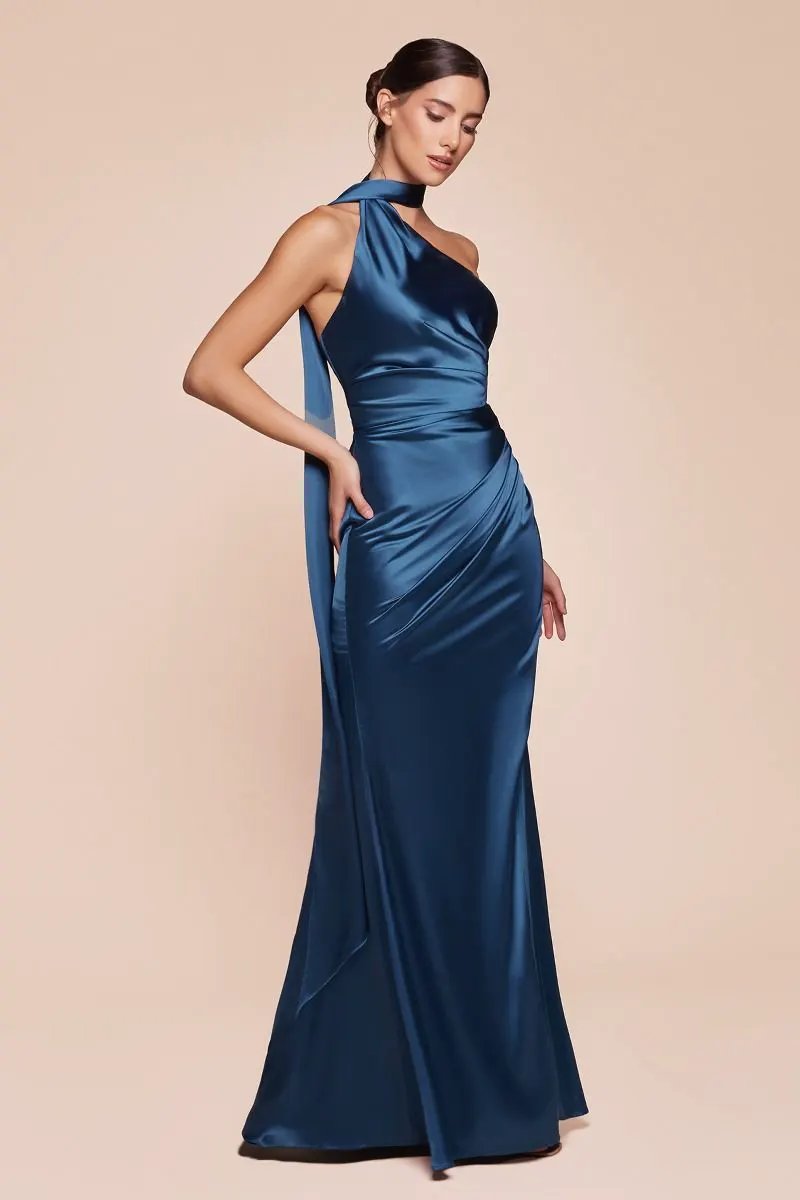 One Shoulder Luxe Satin Fitted Gown by Tux-USA