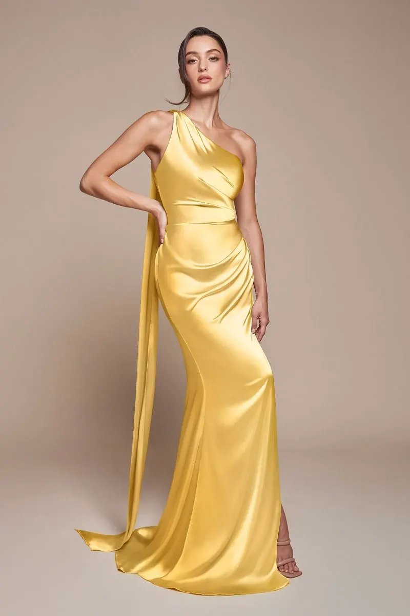 One Shoulder Luxe Satin Fitted Gown by Tux-USA
