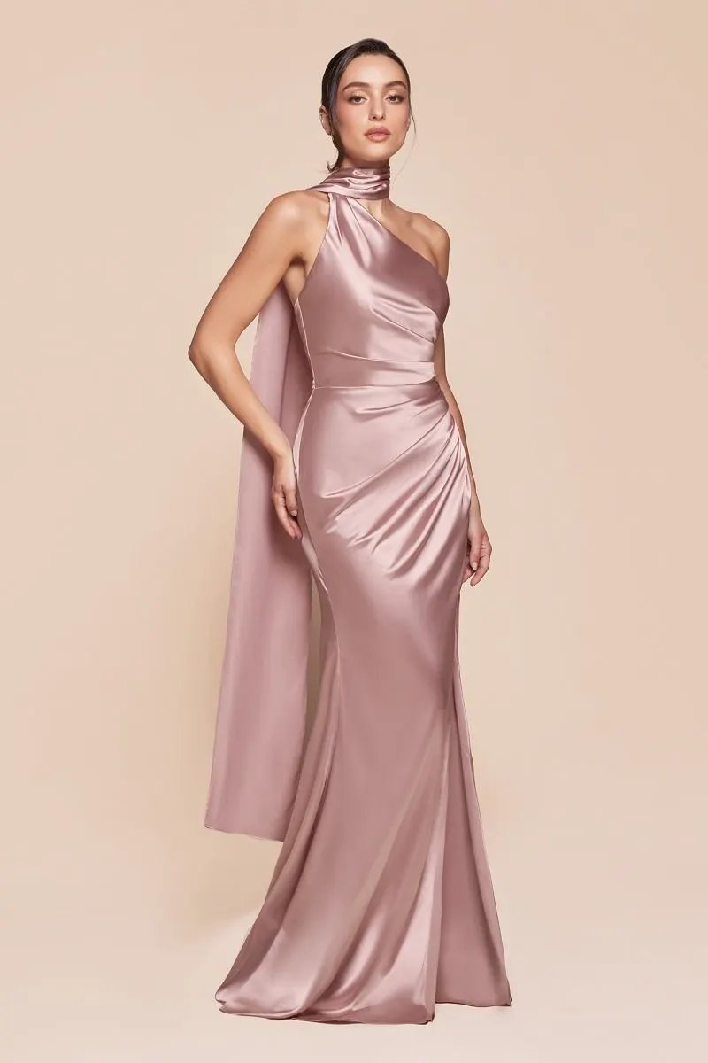 One Shoulder Luxe Satin Fitted Gown by Tux-USA