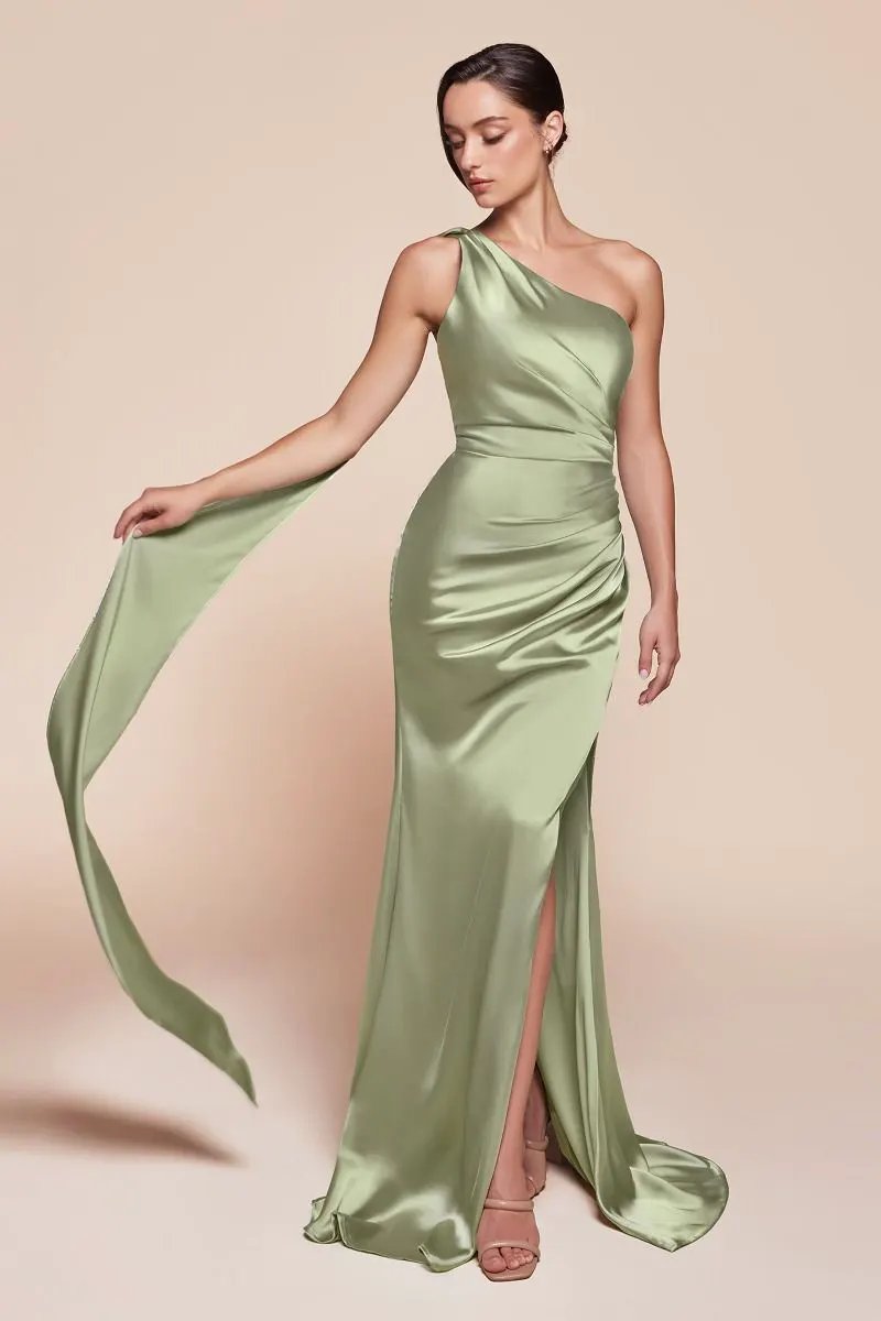 One Shoulder Luxe Satin Fitted Gown by Tux-USA