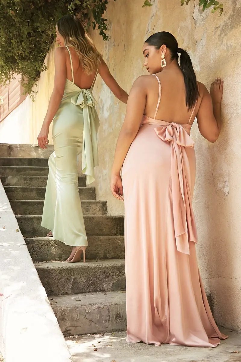 Fitted Satin Dress With Cowl Neckline And Tie Open Back by Partner Label