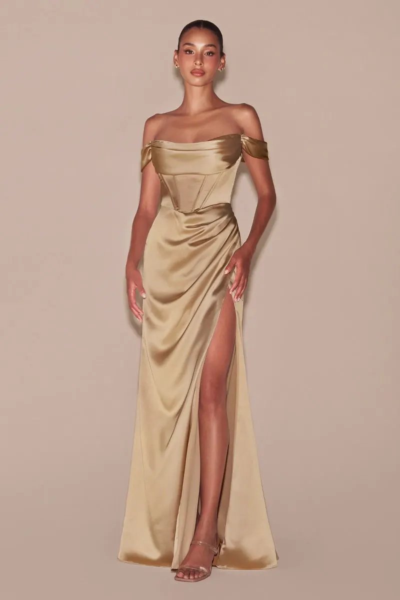 Satin Off The Shoulder Corset Gown by Tux-USA