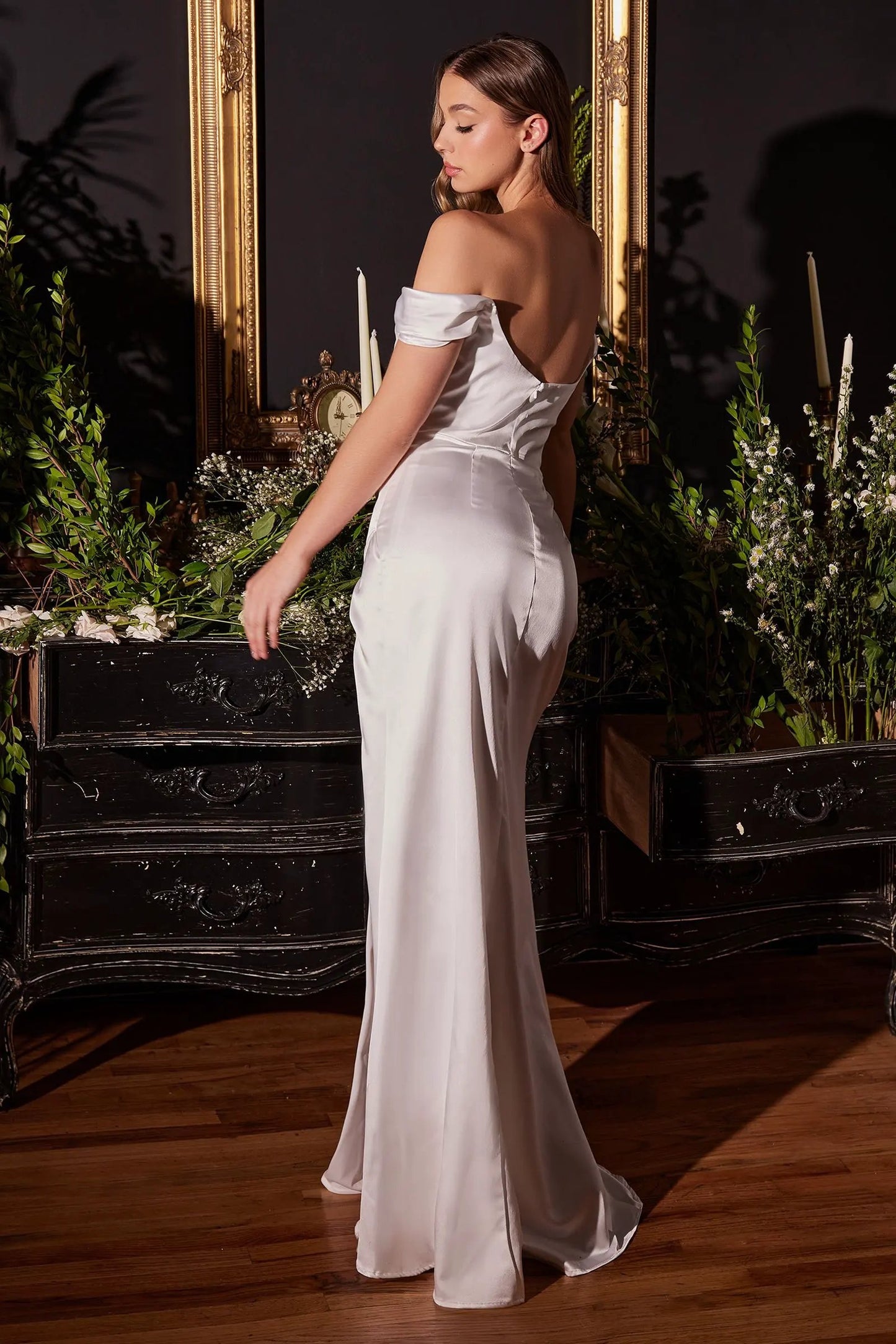 Gown Off The Shoulder Corset Satin Center Back Zip Off White by Tux-USA