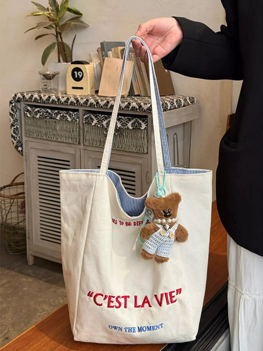 Letter Embroidered Canvas Shoulder Bag by Partner Label