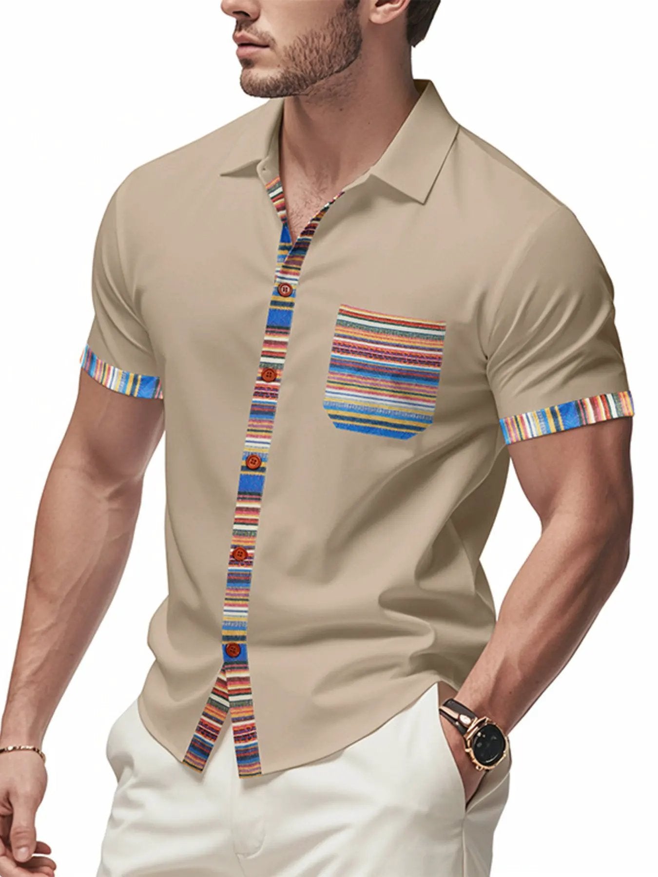 Men's Full Size Short Sleeve Shirt with Colorful Trim Plus Size by Trendsi
