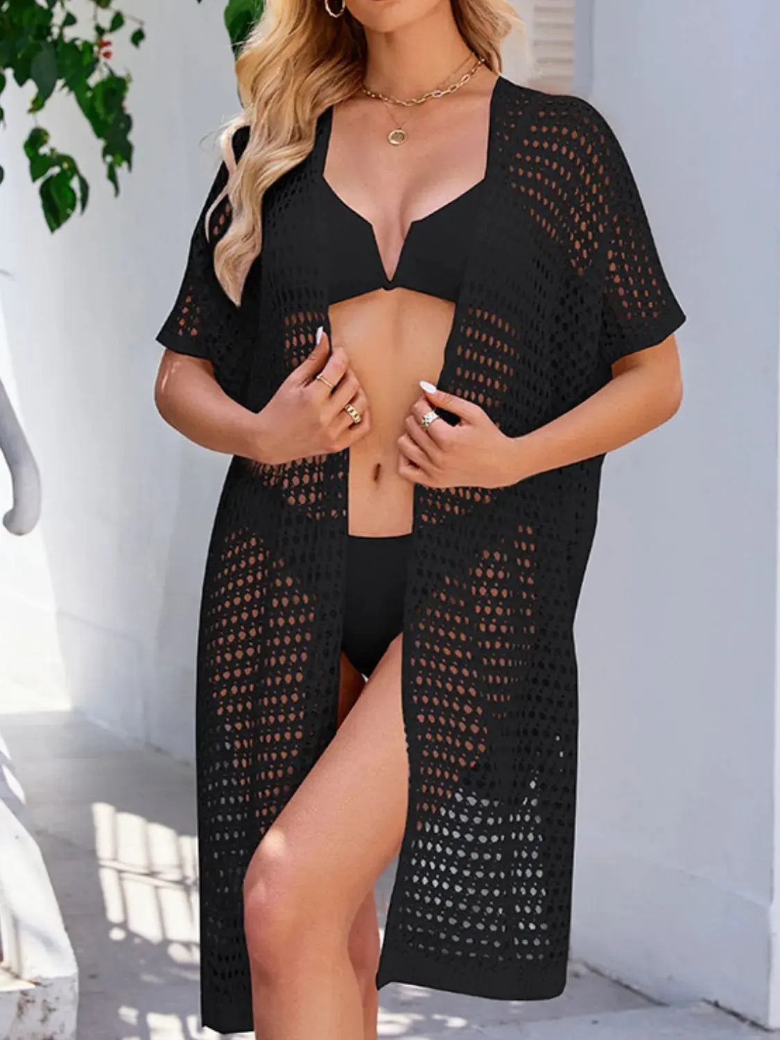 Open Front Tied Openwork Cover-Up by Partner Labels