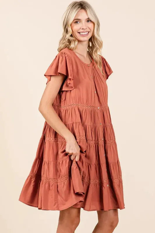 Mittoshop Lace Detail Ruffled Button Down Tiered Dress by Mittoshop