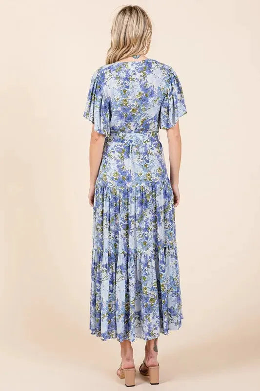 Mittoshop Floral Tie Waist Flutter Sleeve Tiered Dress by Mittoshop