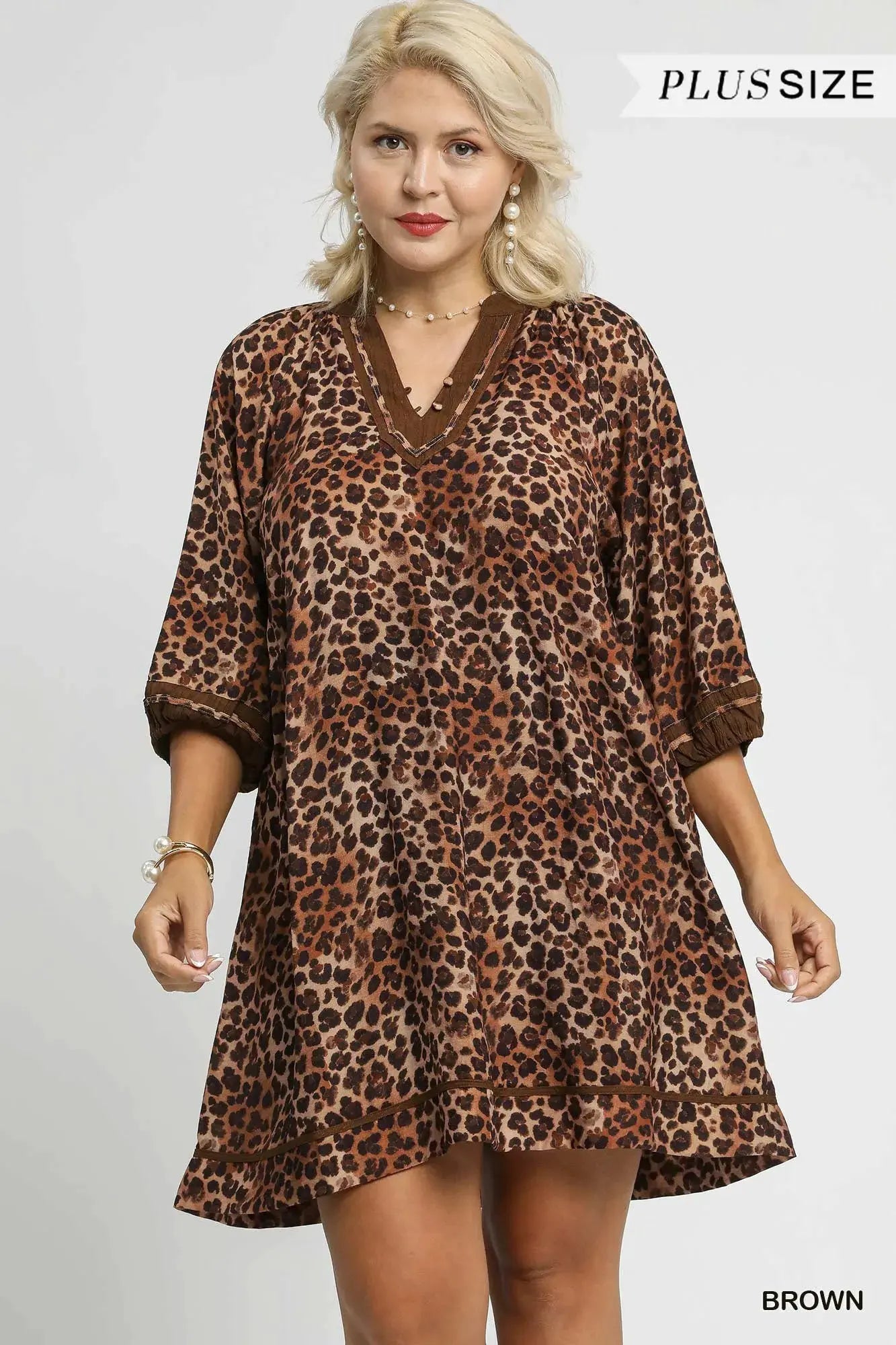 Umgee Full Size Leopard Print Mini Dress with Contrast Trim Plus Size by Umgee