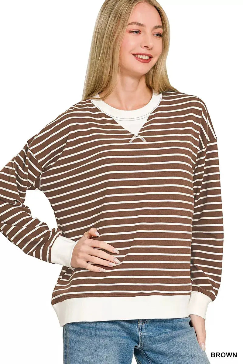 Zenana Contrast Striped Round Neck Sweatshirt by Zenana