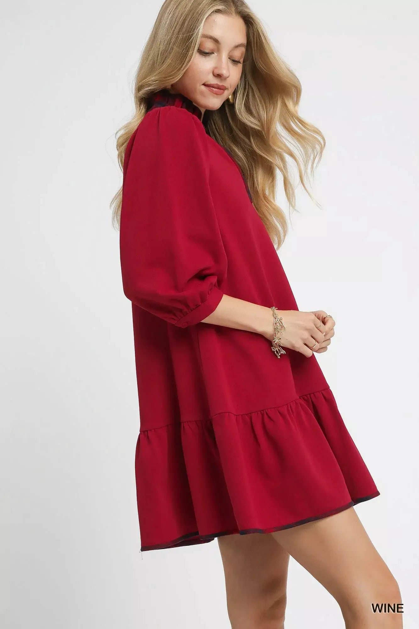 Umgee French Terry Ruffle Hem Dress with Plaid Trim by Umgee
