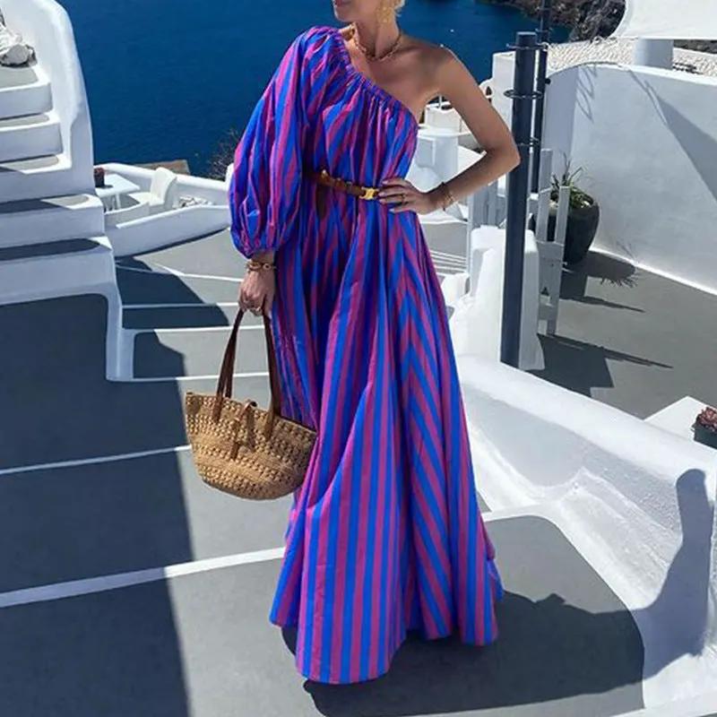 Fashion Personalized Oblique Shoulder Boho Striped Women's Mid-length Dress by Anybestbuy Store