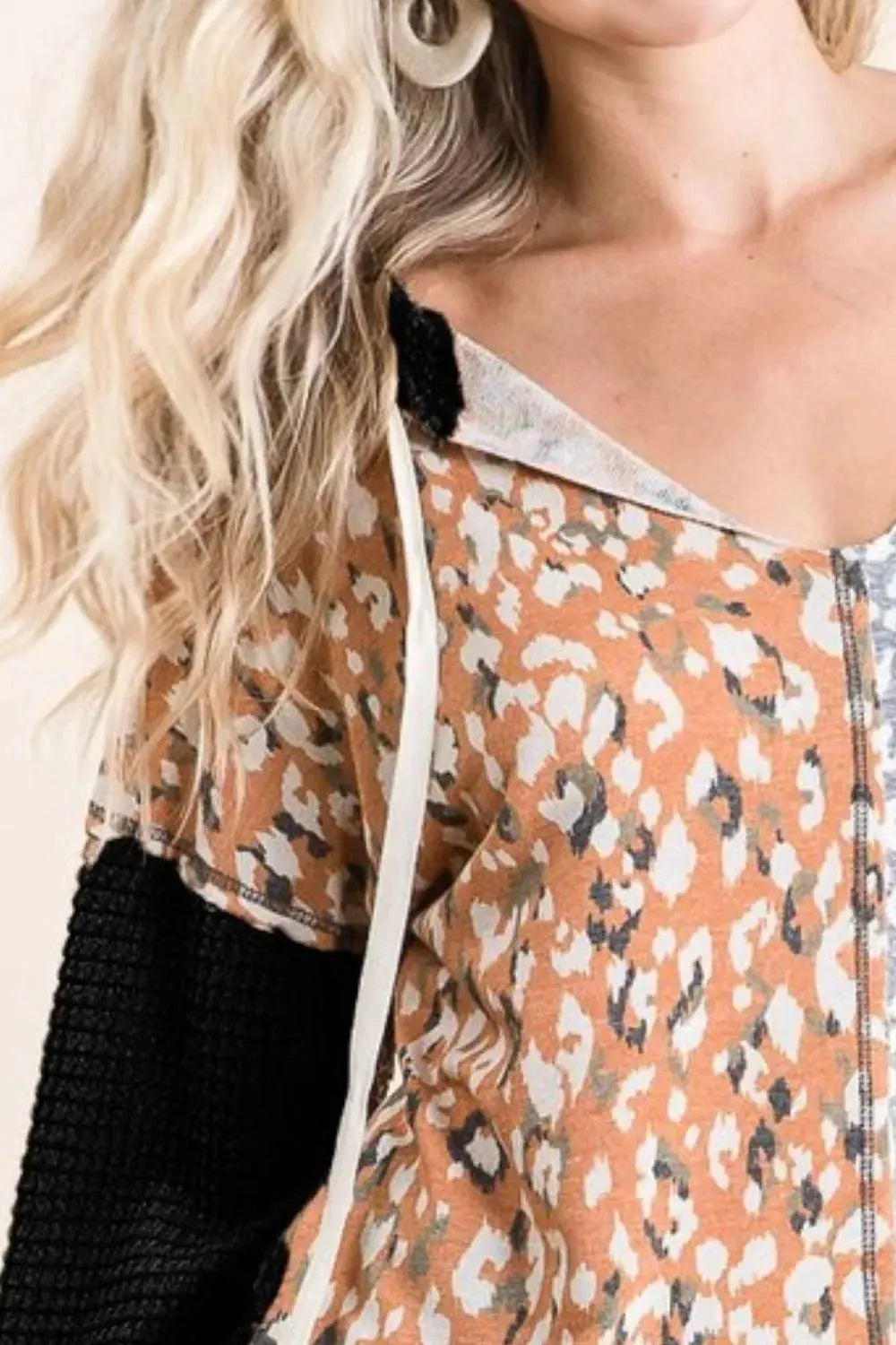 BiBi Popcorn Waffle Knit Hoodie with Print Block Front by BiBi