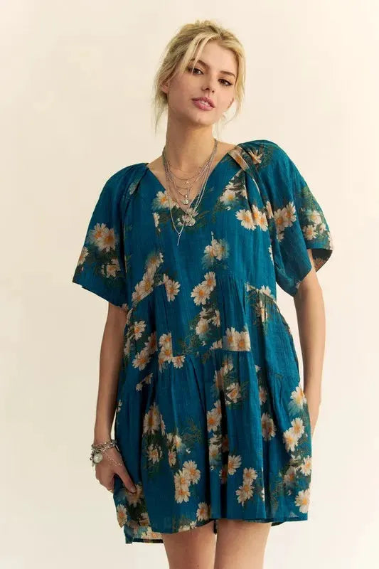 Davi & Dani Floral Print Short Bell Sleeve Pleated Mini Dress by Davi & Dani