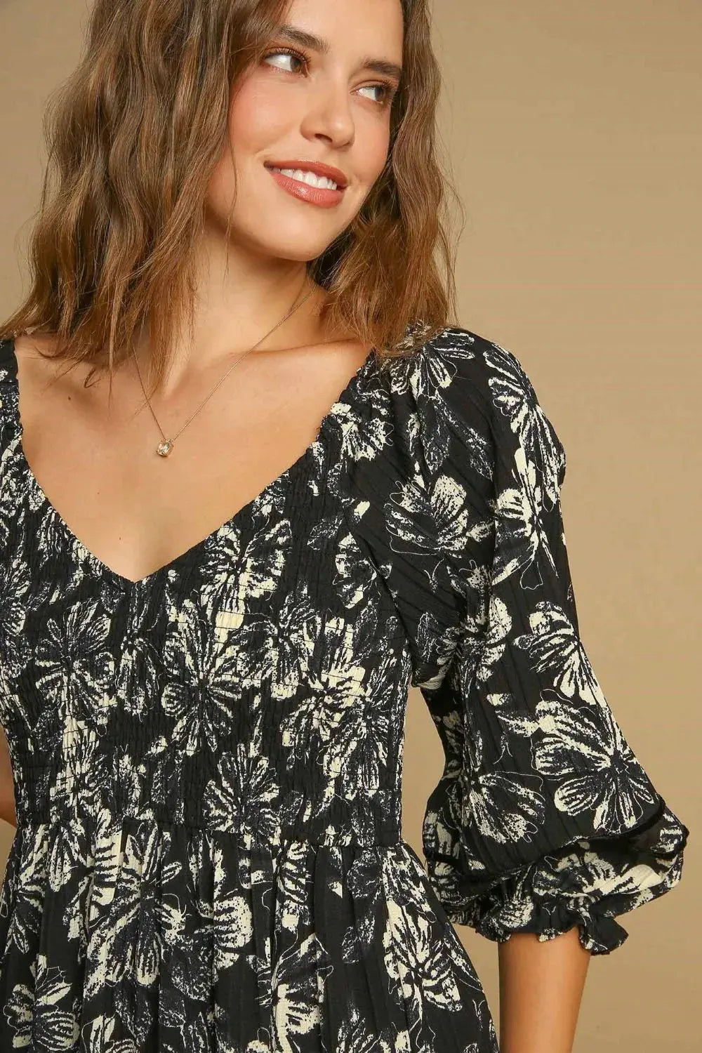 Umgee Ruffle Hem Flower Printed V-Neck Dress by Umgee