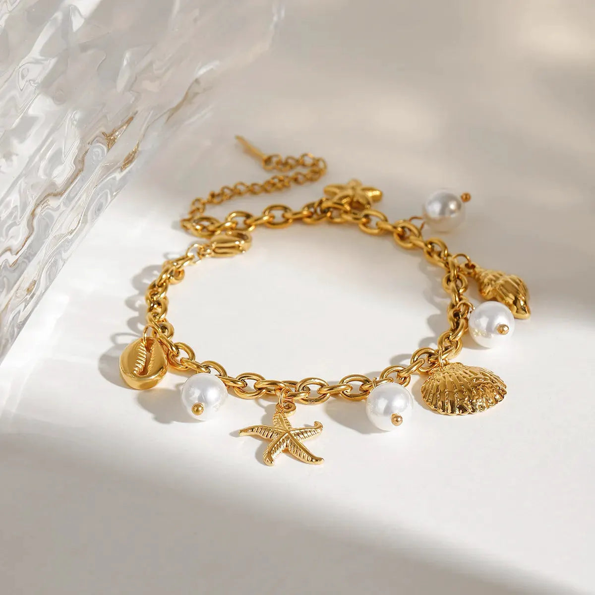 Ocean Theme Stainless Steel Chain Bracelet with Seashell and Starfish Pendants by Partner Label