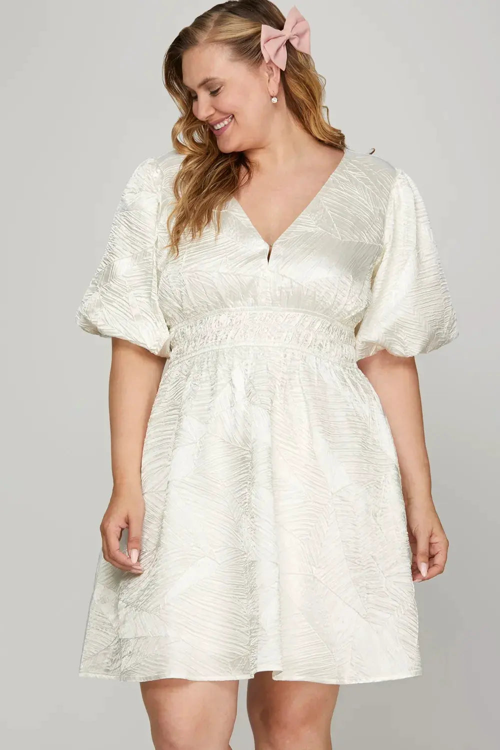 She + Sky Crinkle Woven V-Neck Balloon Sleeve Mini Dress by She + Sky
