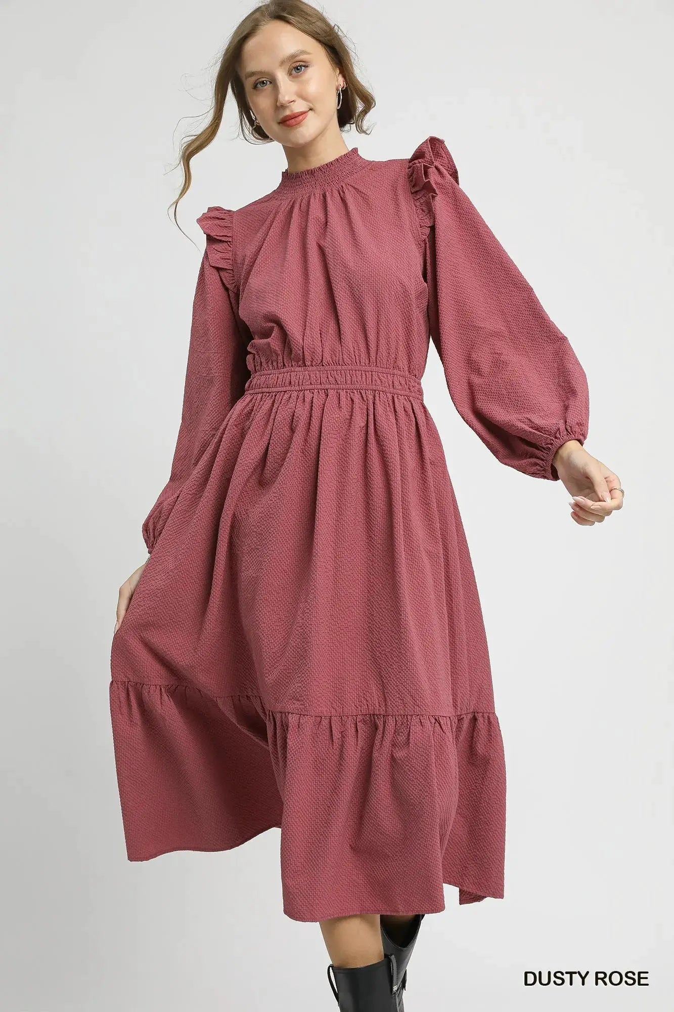 Umgee Textured Midi Dress with Ruffle Shoulder Detail by Umgee
