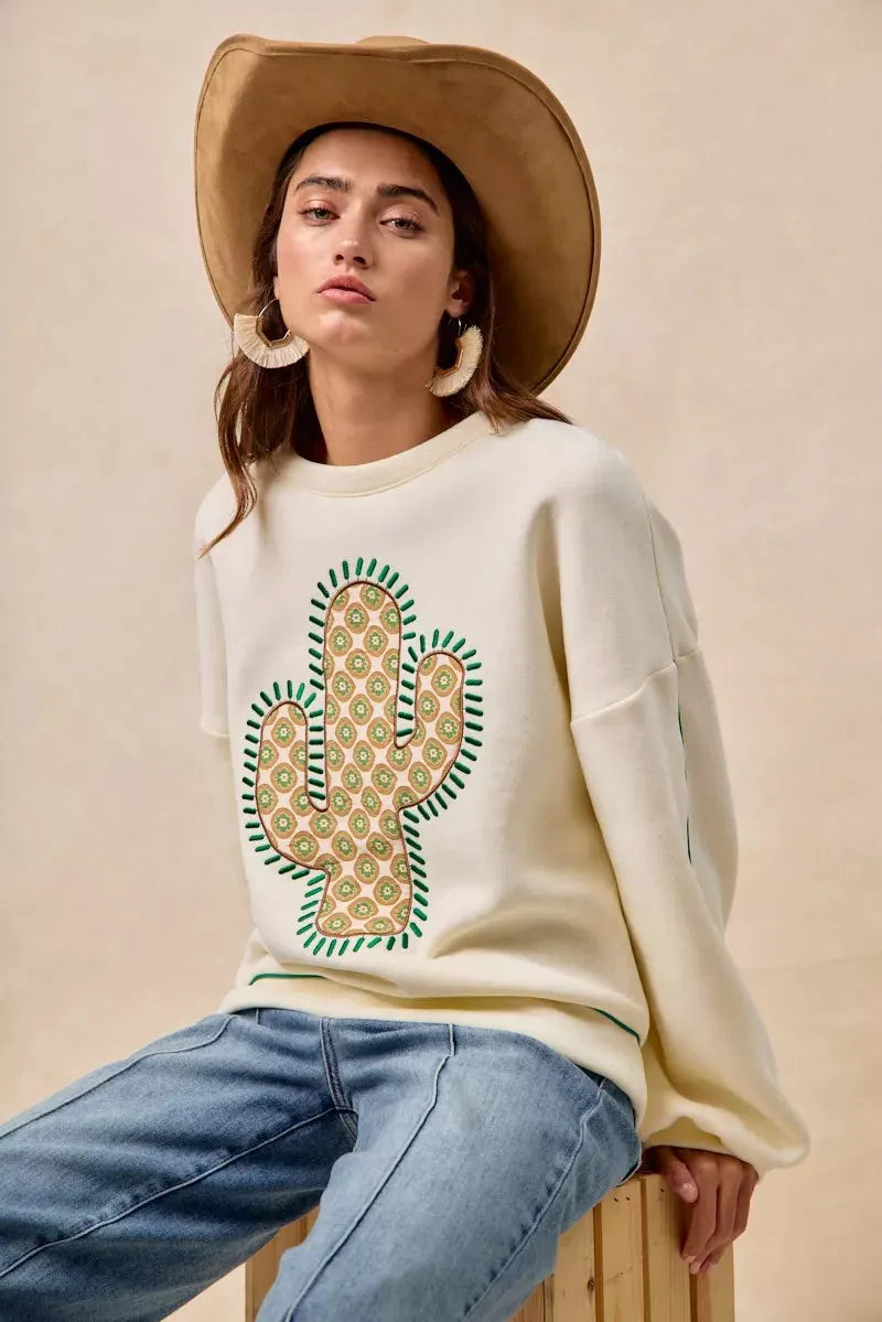 BiBi Cactus Embroidered Fleece Sweatshirt by BiBi