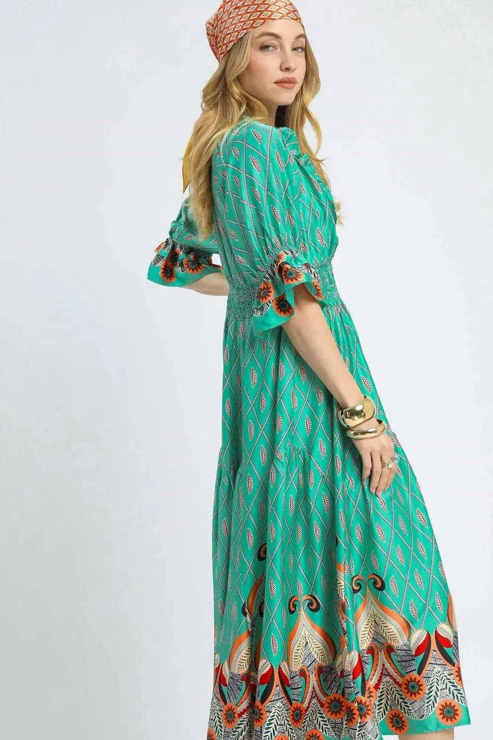 flounce sleeve midi dress Adelina Floral Chiffon Flounce Sleeve Shirred Midi Dress