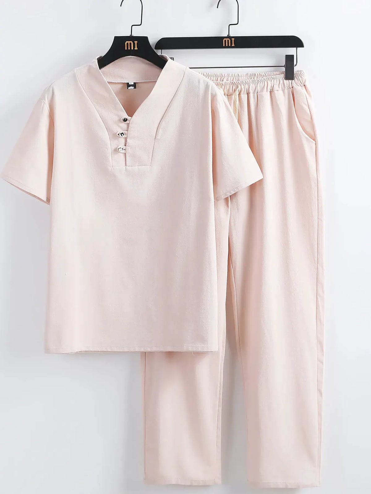 Men's Plus Size V-Neck Short Sleeve Top and Pants Set by Trendsi
