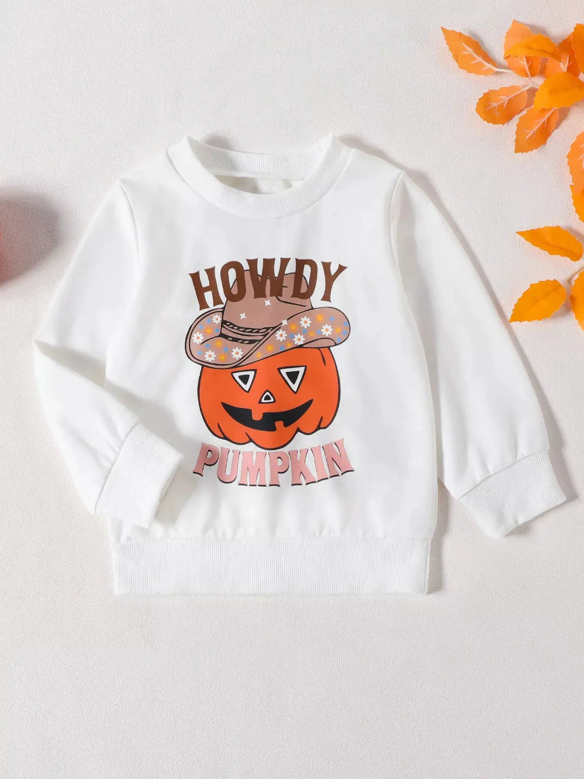 Children's Howdy Pumpkin Graphic Long Sleeve Sweatshirt and Ribbed Bell Pants Set by Trendsi